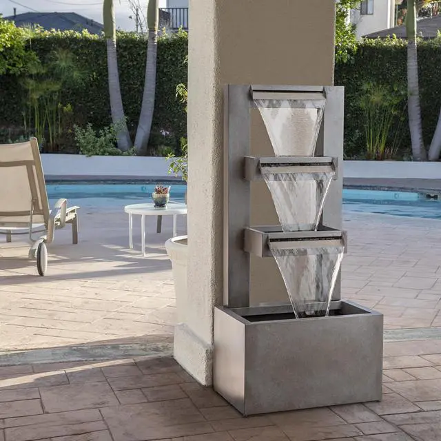 Alt view image 2 of 6 - 43" Tall Multi-Tier Waterfall Fountain - Industrial Style Water Feature for Garden, Patio, Yard, Backyard, Relaxing Water Flow, and Serene Landscaping, Gray
