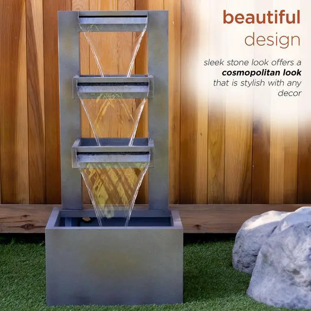Alt view image 5 of 6 - 43" Tall Multi-Tier Waterfall Fountain - Industrial Style Water Feature for Garden, Patio, Yard, Backyard, Relaxing Water Flow, and Serene Landscaping, Gray