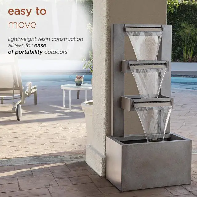 Alt view image 6 of 6 - 43" Tall Multi-Tier Waterfall Fountain - Industrial Style Water Feature for Garden, Patio, Yard, Backyard, Relaxing Water Flow, and Serene Landscaping, Gray