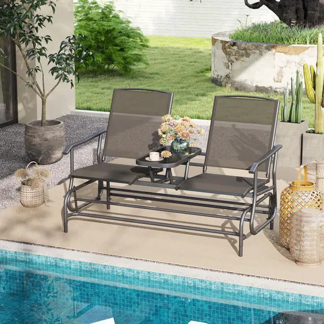 Alt view image 2 of 6 - 2 Person Swing Glider Chair, Patio Rocking Loveseat w/Center Tempered Glass Table, Outdoor Swing Bench w/Steel Frame & Breathable Mesh Fabric for Porch, Balcony, Poolside (Black)