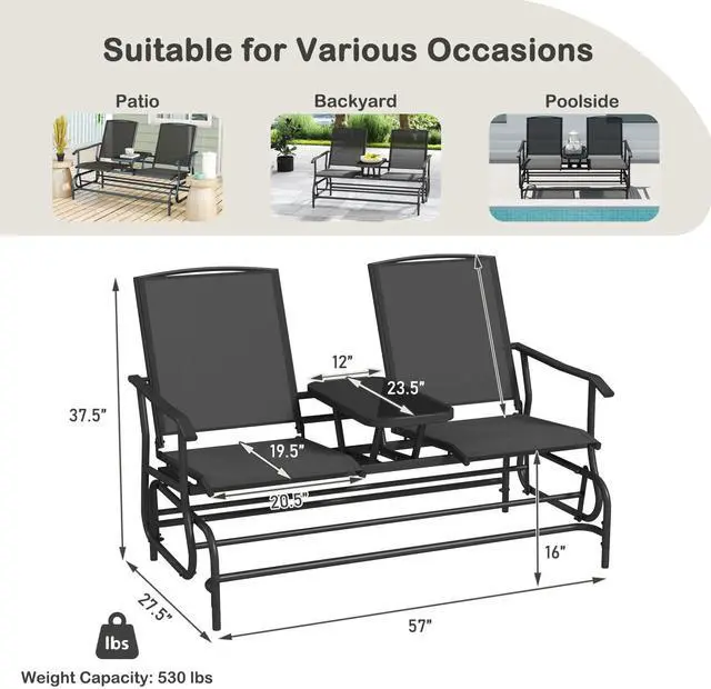Alt view image 3 of 6 - 2 Person Swing Glider Chair, Patio Rocking Loveseat w/Center Tempered Glass Table, Outdoor Swing Bench w/Steel Frame & Breathable Mesh Fabric for Porch, Balcony, Poolside (Black)