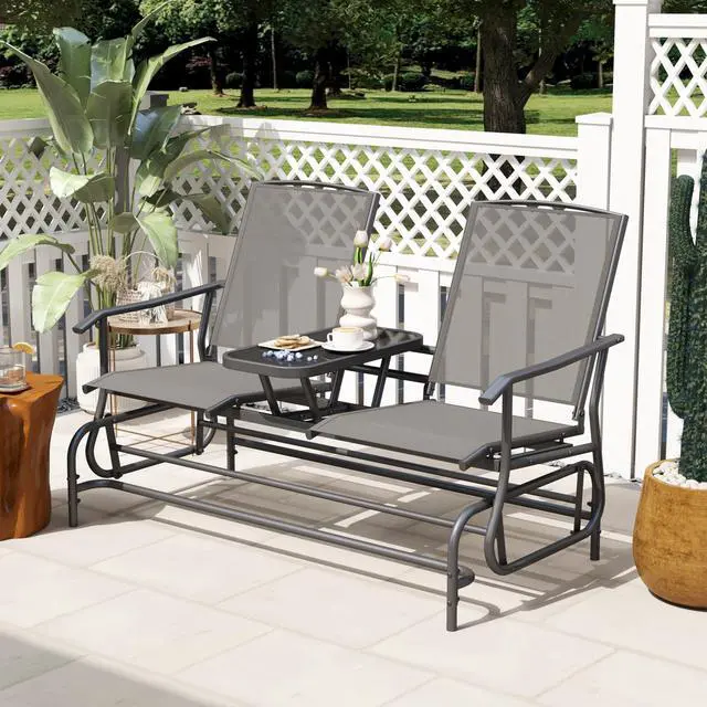 Alt view image 4 of 6 - 2 Person Swing Glider Chair, Patio Rocking Loveseat w/Center Tempered Glass Table, Outdoor Swing Bench w/Steel Frame & Breathable Mesh Fabric for Porch, Balcony, Poolside (Black)