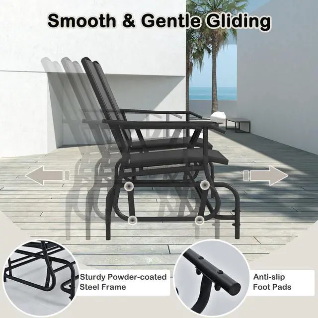 Alt view image 6 of 6 - 2 Person Swing Glider Chair, Patio Rocking Loveseat w/Center Tempered Glass Table, Outdoor Swing Bench w/Steel Frame & Breathable Mesh Fabric for Porch, Balcony, Poolside (Black)