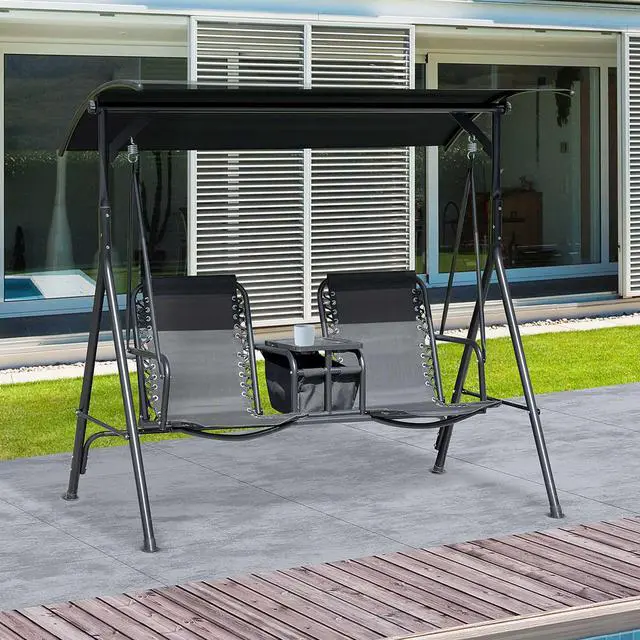Alt view image 2 of 6 - 2-Seater Patio Swing Chair, Outdoor Canopy Swing Glider with Pivot Storage Table, Cup Holder, Adjustable Shade, Bungie Seat Suspension and Weather Resistant Steel Frame, Black