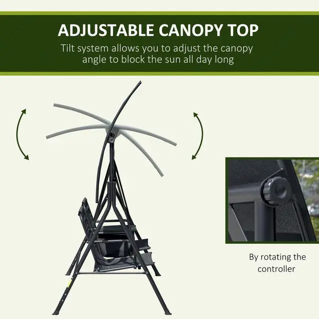 Alt view image 3 of 6 - 2-Seater Patio Swing Chair, Outdoor Canopy Swing Glider with Pivot Storage Table, Cup Holder, Adjustable Shade, Bungie Seat Suspension and Weather Resistant Steel Frame, Black