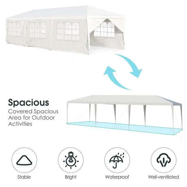 Alt view image 3 of 6 - 10' x 30' Outdoor Waterproof Gazebo Canopy w/ 6 Removable Sidewalls and 2 Doorways, Heavy Duty Large Tent w/Strong Connection Stakes Ropes for Party Wedding Events Beach BBQ (White)