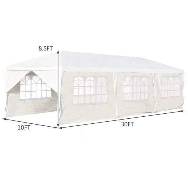 Alt view image 4 of 6 - 10' x 30' Outdoor Waterproof Gazebo Canopy w/ 6 Removable Sidewalls and 2 Doorways, Heavy Duty Large Tent w/Strong Connection Stakes Ropes for Party Wedding Events Beach BBQ (White)