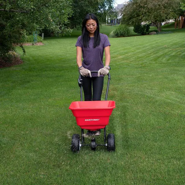 Alt view image 3 of 6 - 2050P 80lb Broadcast Spreader, Lawn Aerator, Fertilizer Spreader, 80lb Capacity, Pre-Assembled, with Rustproof Poly Hopper and Adjustable Drop Rate for Lawn Care & Seed Spreading
