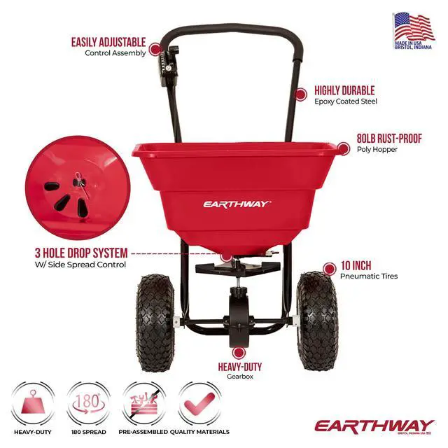 Alt view image 5 of 6 - 2050P 80lb Broadcast Spreader, Lawn Aerator, Fertilizer Spreader, 80lb Capacity, Pre-Assembled, with Rustproof Poly Hopper and Adjustable Drop Rate for Lawn Care & Seed Spreading