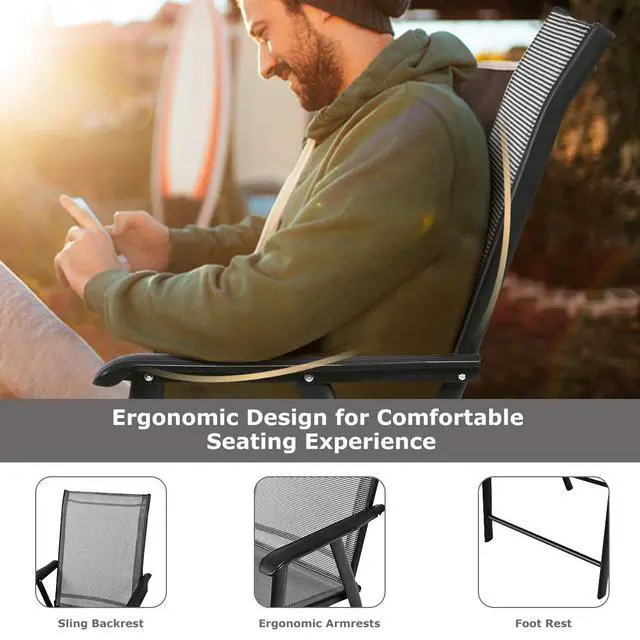 Alt view image 5 of 6 - Patio Chairs Set of 4, Outdoor Folding Dining Chairs with Armrests, Foldable Porch Chairs for Lawn Deck Backyard, Folding Chairs for Adults (Gray)