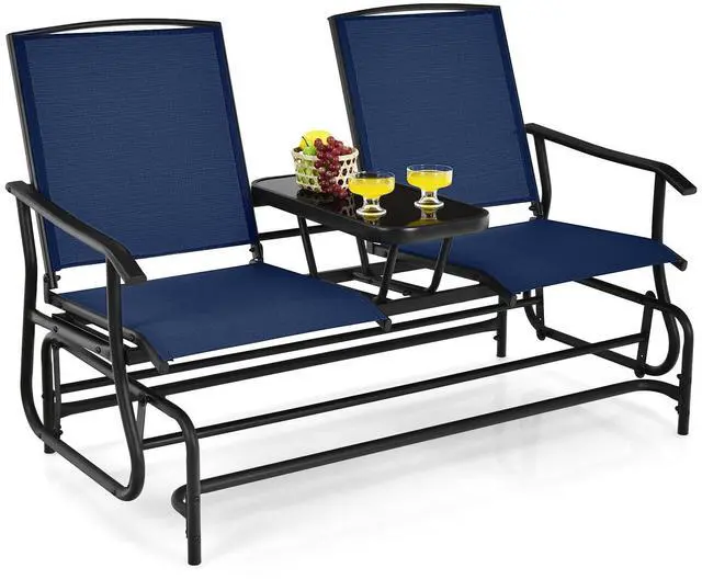 Main image of 2 Person Swing Glider Chair, Patio Rocking Loveseat w/Center Tempered Glass Table, Outdoor Swing Bench w/Steel Frame & Breathable Mesh Fabric for Porch, Balcony, Poolside (Navy)
