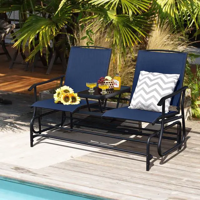 Alt view image 2 of 6 - 2 Person Swing Glider Chair, Patio Rocking Loveseat w/Center Tempered Glass Table, Outdoor Swing Bench w/Steel Frame & Breathable Mesh Fabric for Porch, Balcony, Poolside (Navy)