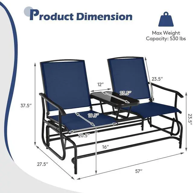 Alt view image 3 of 6 - 2 Person Swing Glider Chair, Patio Rocking Loveseat w/Center Tempered Glass Table, Outdoor Swing Bench w/Steel Frame & Breathable Mesh Fabric for Porch, Balcony, Poolside (Navy)