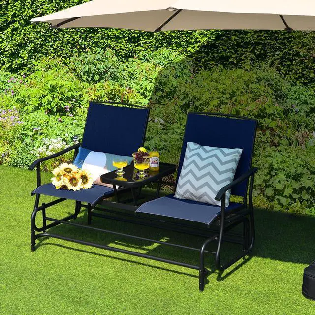 Alt view image 4 of 6 - 2 Person Swing Glider Chair, Patio Rocking Loveseat w/Center Tempered Glass Table, Outdoor Swing Bench w/Steel Frame & Breathable Mesh Fabric for Porch, Balcony, Poolside (Navy)