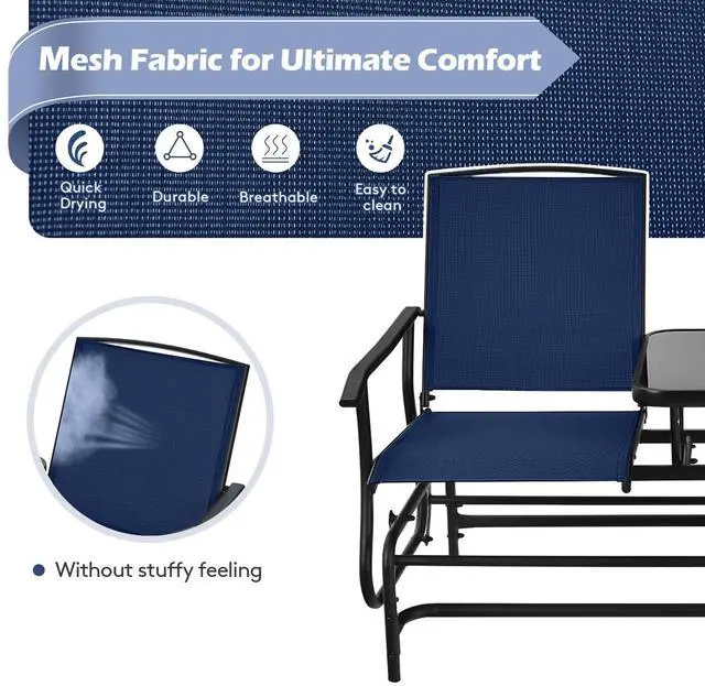 Alt view image 5 of 6 - 2 Person Swing Glider Chair, Patio Rocking Loveseat w/Center Tempered Glass Table, Outdoor Swing Bench w/Steel Frame & Breathable Mesh Fabric for Porch, Balcony, Poolside (Navy)