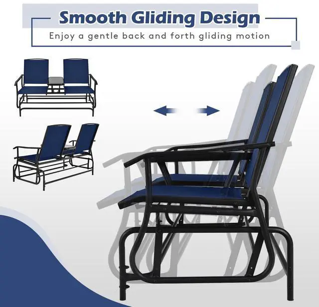 Alt view image 6 of 6 - 2 Person Swing Glider Chair, Patio Rocking Loveseat w/Center Tempered Glass Table, Outdoor Swing Bench w/Steel Frame & Breathable Mesh Fabric for Porch, Balcony, Poolside (Navy)