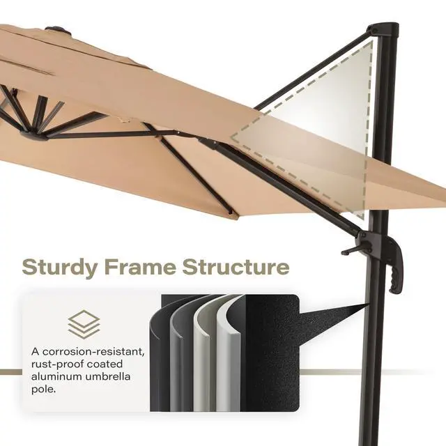 Alt view image 3 of 6 - Patio Umbrella Outdoor, 10 Feet Cantilever Umbrella Aluminum Offset Umbrella with 360-degree Rotation for Backyard, Pool, Lawn, Deck (Square, Khaki)