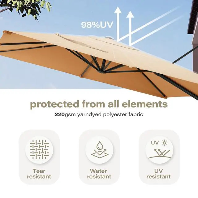Alt view image 5 of 6 - Patio Umbrella Outdoor, 10 Feet Cantilever Umbrella Aluminum Offset Umbrella with 360-degree Rotation for Backyard, Pool, Lawn, Deck (Square, Khaki)