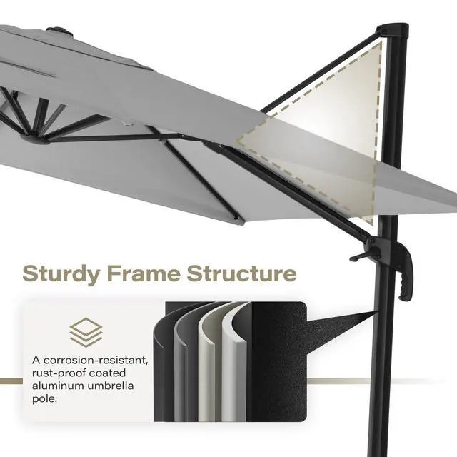 Alt view image 3 of 6 - Patio Umbrella Outdoor, 10 Feet Cantilever Umbrella Aluminum Offset Umbrella with 360-degree Rotation for Backyard, Pool, Lawn, Deck (Square, Gray)