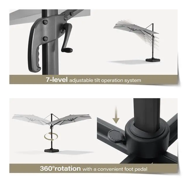 Alt view image 4 of 6 - Patio Umbrella Outdoor, 10 Feet Cantilever Umbrella Aluminum Offset Umbrella with 360-degree Rotation for Backyard, Pool, Lawn, Deck (Square, Gray)