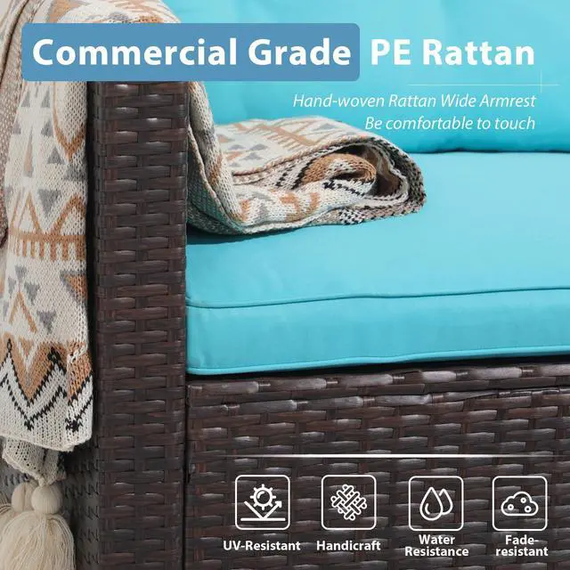 Alt view image 2 of 6 - Outdoor Patio Furniture Set, All Weather Outdoor Sectional Conversation Set, Wicker Furniture Sofa Set, Outdoor Patio Seating with Cushions, Tempered Glass Coffee Table, L-Shaped, Turquoise