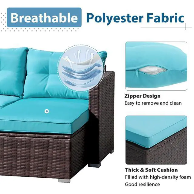 Alt view image 3 of 6 - Outdoor Patio Furniture Set, All Weather Outdoor Sectional Conversation Set, Wicker Furniture Sofa Set, Outdoor Patio Seating with Cushions, Tempered Glass Coffee Table, L-Shaped, Turquoise