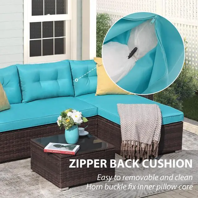 Alt view image 4 of 6 - Outdoor Patio Furniture Set, All Weather Outdoor Sectional Conversation Set, Wicker Furniture Sofa Set, Outdoor Patio Seating with Cushions, Tempered Glass Coffee Table, L-Shaped, Turquoise
