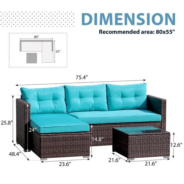 Alt view image 5 of 6 - Outdoor Patio Furniture Set, All Weather Outdoor Sectional Conversation Set, Wicker Furniture Sofa Set, Outdoor Patio Seating with Cushions, Tempered Glass Coffee Table, L-Shaped, Turquoise