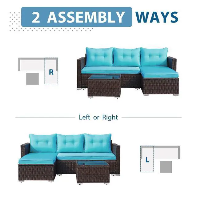 Alt view image 6 of 6 - Outdoor Patio Furniture Set, All Weather Outdoor Sectional Conversation Set, Wicker Furniture Sofa Set, Outdoor Patio Seating with Cushions, Tempered Glass Coffee Table, L-Shaped, Turquoise