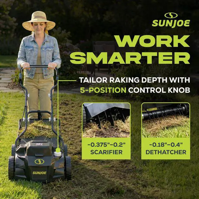 Alt view image 4 of 6 - Cordless Scarifier & Dethatcher w/ 5 Depth Positions & 600W Brushless Motor, 15-Inch Cutting Width - Heavy-Duty Yard Trimmer, Lawn Maintenance, 24V-X2-DTS15