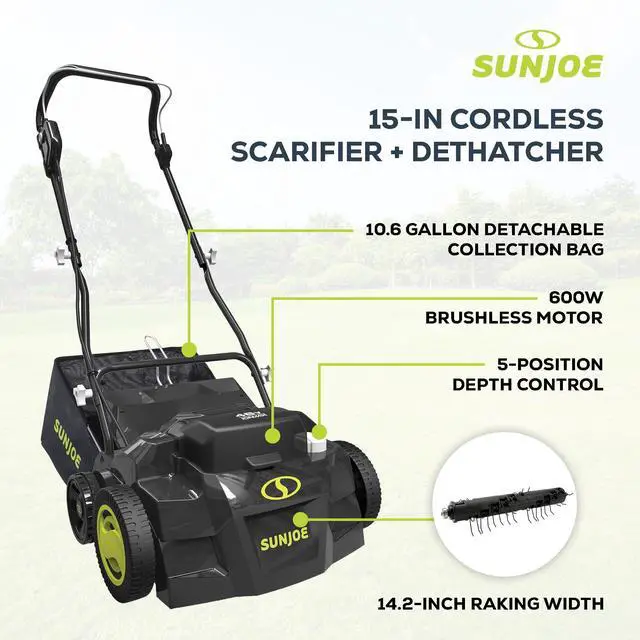Alt view image 5 of 6 - Cordless Scarifier & Dethatcher w/ 5 Depth Positions & 600W Brushless Motor, 15-Inch Cutting Width - Heavy-Duty Yard Trimmer, Lawn Maintenance, 24V-X2-DTS15