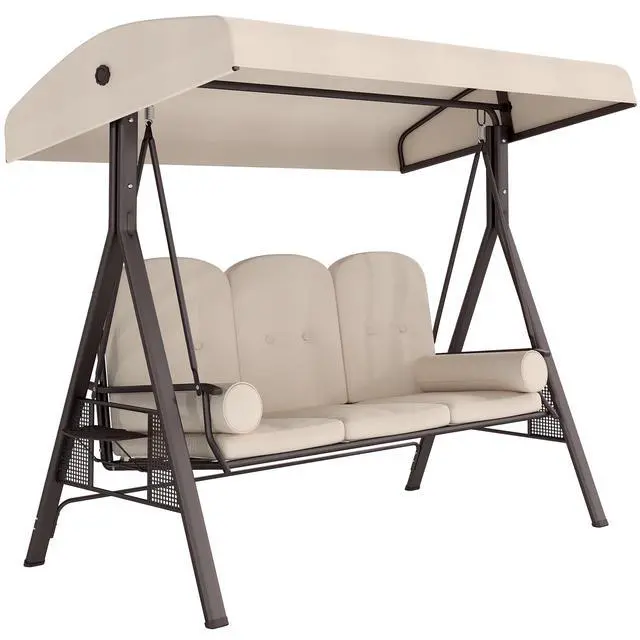 Main image of 3-Seat Patio Swing Chair, Outdoor Porch Swing Glider with Adjustable Canopy, Removable Cushion, Pillows and Side Trays, for Garden, Poolside, Backyard, Beige