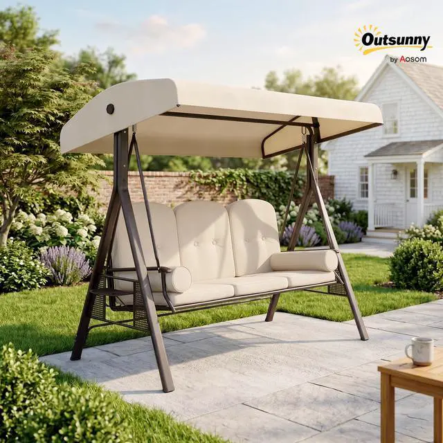 Alt view image 2 of 6 - 3-Seat Patio Swing Chair, Outdoor Porch Swing Glider with Adjustable Canopy, Removable Cushion, Pillows and Side Trays, for Garden, Poolside, Backyard, Beige