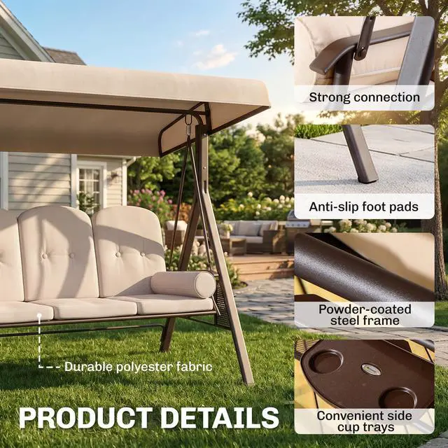 Alt view image 4 of 6 - 3-Seat Patio Swing Chair, Outdoor Porch Swing Glider with Adjustable Canopy, Removable Cushion, Pillows and Side Trays, for Garden, Poolside, Backyard, Beige