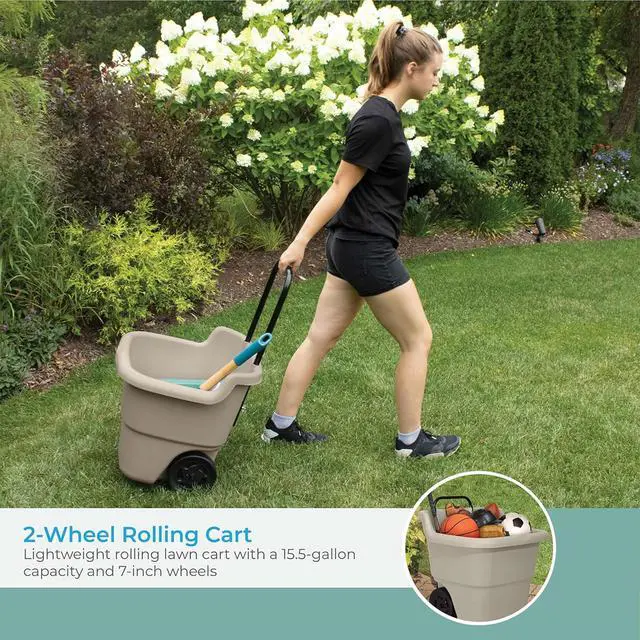Alt view image 3 of 6 - 2-Pack Multipurpose Rolling Lawn and Garden Utility Cart, 15 Gallon, Taupe - Outdoor Storage Carts with Wheels - Gardening Accessories, Tools, and Equipment