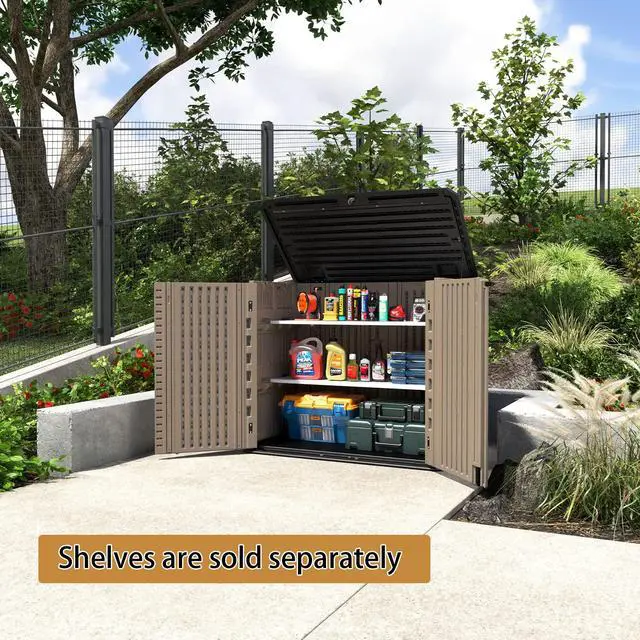 Alt view image 2 of 6 - Storage Shed Weather Resistance, Multi-Purpose Outdoor Storage Cabinet for Backyards and Patios, Horizontal Storage Shed for Lawnmower, Patio Accessories (Coffee, Large - 26 cu.ft)