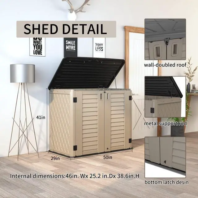 Alt view image 3 of 6 - Storage Shed Weather Resistance, Multi-Purpose Outdoor Storage Cabinet for Backyards and Patios, Horizontal Storage Shed for Lawnmower, Patio Accessories (Coffee, Large - 26 cu.ft)