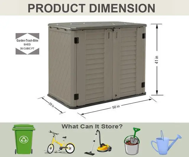 Alt view image 4 of 6 - Storage Shed Weather Resistance, Multi-Purpose Outdoor Storage Cabinet for Backyards and Patios, Horizontal Storage Shed for Lawnmower, Patio Accessories (Coffee, Large - 26 cu.ft)