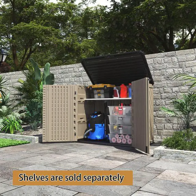 Alt view image 5 of 6 - Storage Shed Weather Resistance, Multi-Purpose Outdoor Storage Cabinet for Backyards and Patios, Horizontal Storage Shed for Lawnmower, Patio Accessories (Coffee, Large - 26 cu.ft)