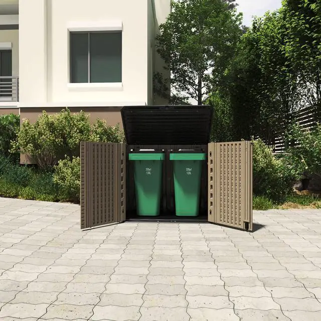 Alt view image 6 of 6 - Storage Shed Weather Resistance, Multi-Purpose Outdoor Storage Cabinet for Backyards and Patios, Horizontal Storage Shed for Lawnmower, Patio Accessories (Coffee, Large - 26 cu.ft)