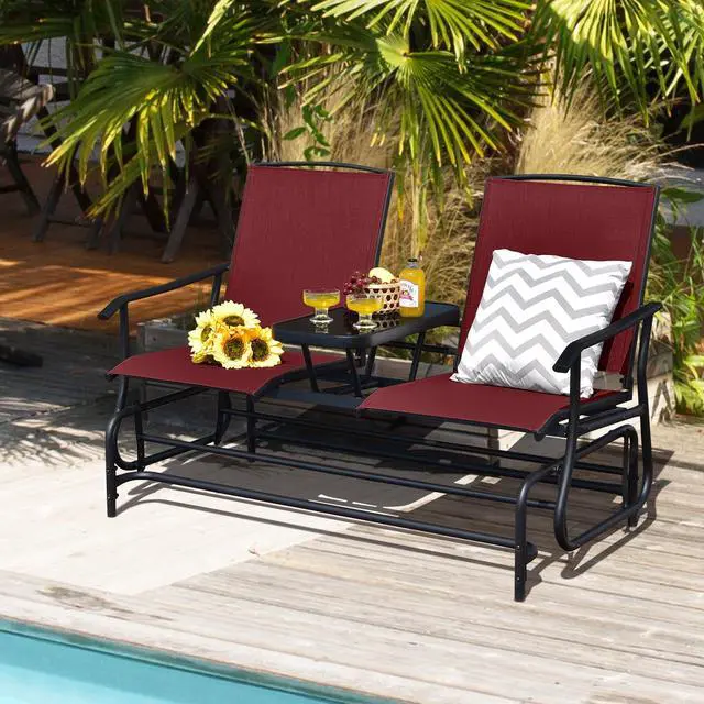 Alt view image 2 of 6 - 2 Person Swing Glider Chair, Patio Rocking Loveseat w/Center Tempered Glass Table, Outdoor Swing Bench w/Steel Frame & Breathable Mesh Fabric for Porch, Balcony, Poolside (Burgundy)