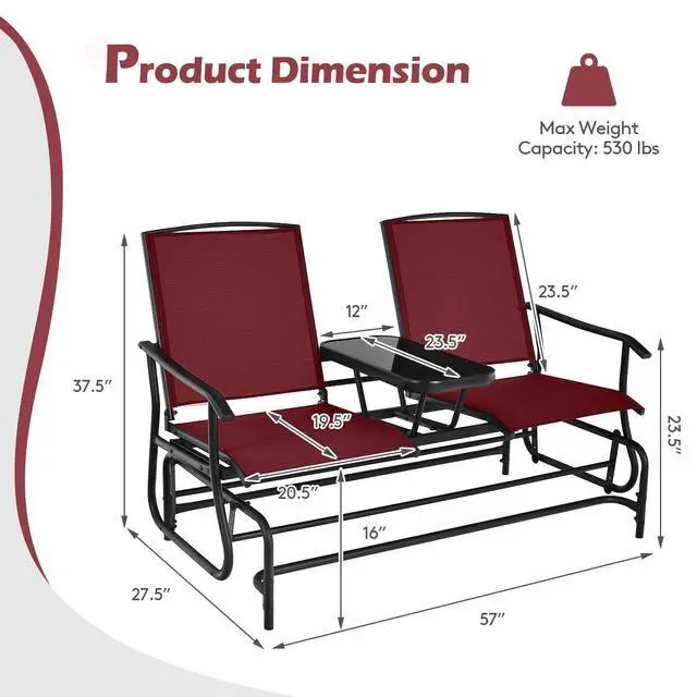 Alt view image 3 of 6 - 2 Person Swing Glider Chair, Patio Rocking Loveseat w/Center Tempered Glass Table, Outdoor Swing Bench w/Steel Frame & Breathable Mesh Fabric for Porch, Balcony, Poolside (Burgundy)