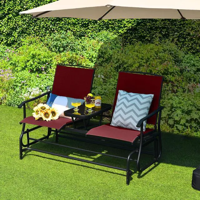 Alt view image 4 of 6 - 2 Person Swing Glider Chair, Patio Rocking Loveseat w/Center Tempered Glass Table, Outdoor Swing Bench w/Steel Frame & Breathable Mesh Fabric for Porch, Balcony, Poolside (Burgundy)
