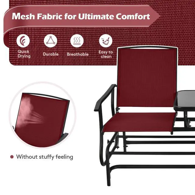 Alt view image 5 of 6 - 2 Person Swing Glider Chair, Patio Rocking Loveseat w/Center Tempered Glass Table, Outdoor Swing Bench w/Steel Frame & Breathable Mesh Fabric for Porch, Balcony, Poolside (Burgundy)
