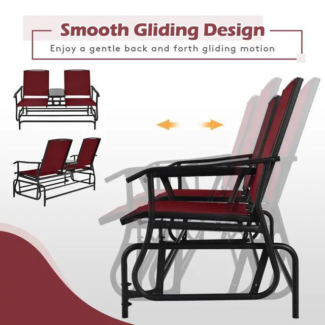 Alt view image 6 of 6 - 2 Person Swing Glider Chair, Patio Rocking Loveseat w/Center Tempered Glass Table, Outdoor Swing Bench w/Steel Frame & Breathable Mesh Fabric for Porch, Balcony, Poolside (Burgundy)