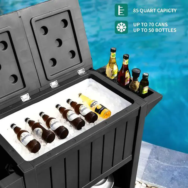Alt view image 3 of 6 - 85 Quart Cooler with Wheels, Upgrade Patio Ice Chest, Outdoor Beverage Cart Rolling Cooler for Patio Pool Deck Party BBQ Cookouts (Dark Grey)