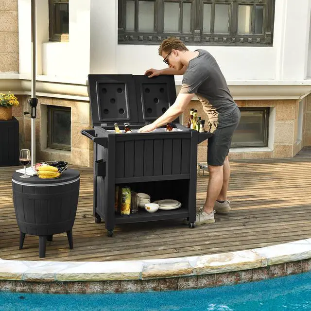 Alt view image 4 of 6 - 85 Quart Cooler with Wheels, Upgrade Patio Ice Chest, Outdoor Beverage Cart Rolling Cooler for Patio Pool Deck Party BBQ Cookouts (Dark Grey)