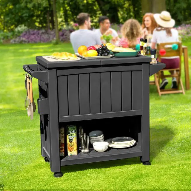 Alt view image 5 of 6 - 85 Quart Cooler with Wheels, Upgrade Patio Ice Chest, Outdoor Beverage Cart Rolling Cooler for Patio Pool Deck Party BBQ Cookouts (Dark Grey)