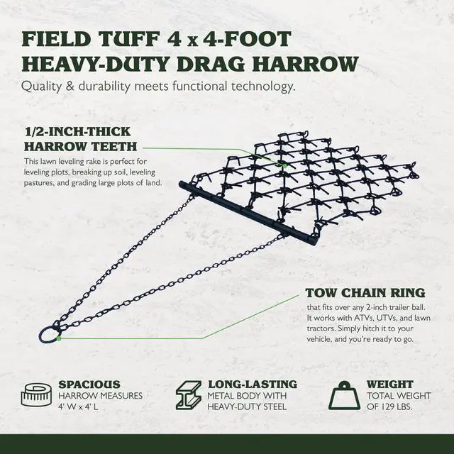 Alt view image 3 of 6 - HDHA-44 Heavy-Duty Drag Harrow, 4' x 4' - for ATV, UTVs, Lawn Tractors - 7 Rows of Tines, 1/2" Teeth for Leveling, Grading, Pastures, Breaking up Soil, and More
