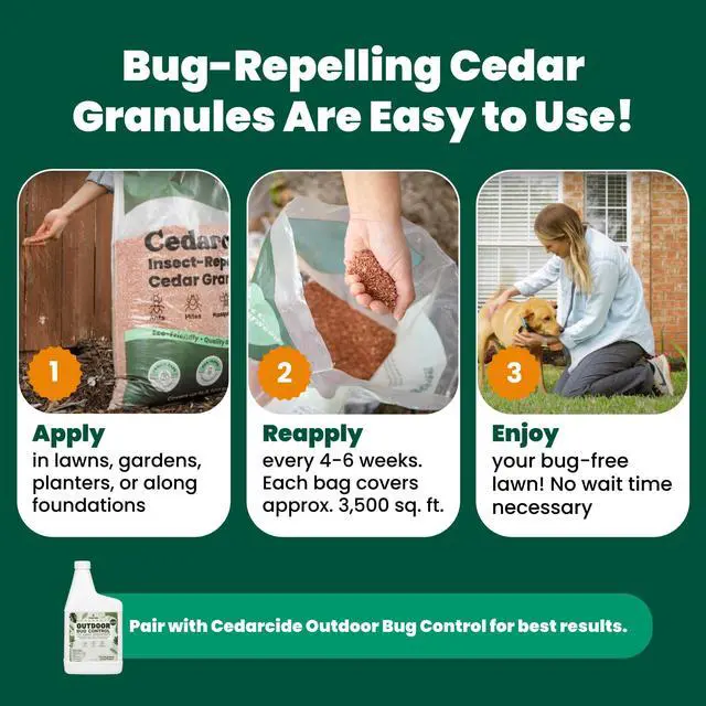 Alt view image 6 of 6 - Lawn, Home & Garden Cedar Granules | Repels Ants & Mosquitoes | Smells Great, Easy to Use | Family & Pet Safe | 4 Bags (32 Lbs)